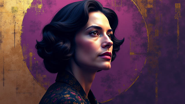 An abstract portrait of Ayn Rand featuring elegant 1750077722949