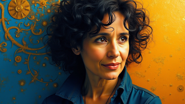 An abstract portrait of Isabel Allende using warm 1751285368758