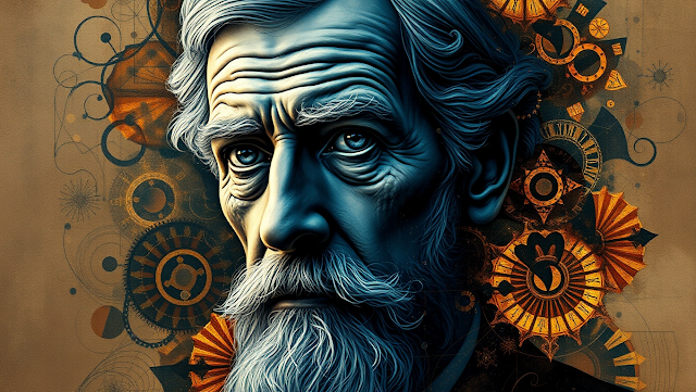 A complex abstract portrait of George Bernard Shaw 1742790925098