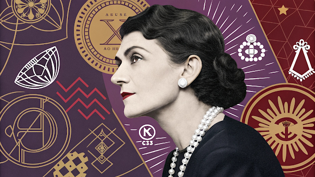 An abstract portrait of Coco Chanel centrally pos 1747015308196