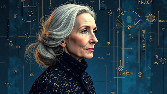 An abstract portrait of Grace Hopper with her fac 1746363766494