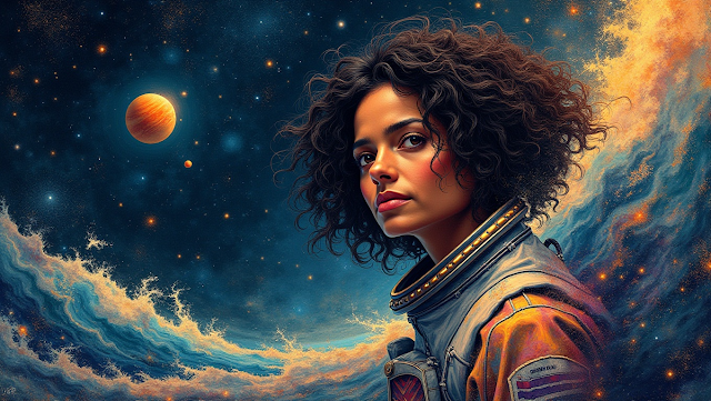 An abstract portrait of Kalpana Chawla with an ast 1742644446076